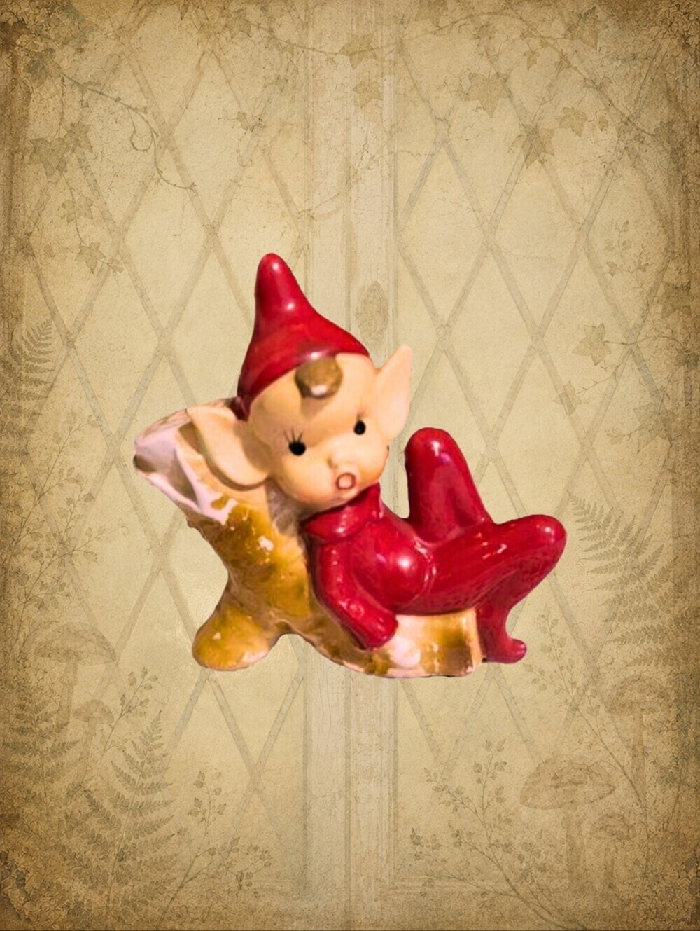 Woodland Whispers 🍃🧚‍♂️ Vintage Red Pixie Elf Gnome Porcelain Trinket